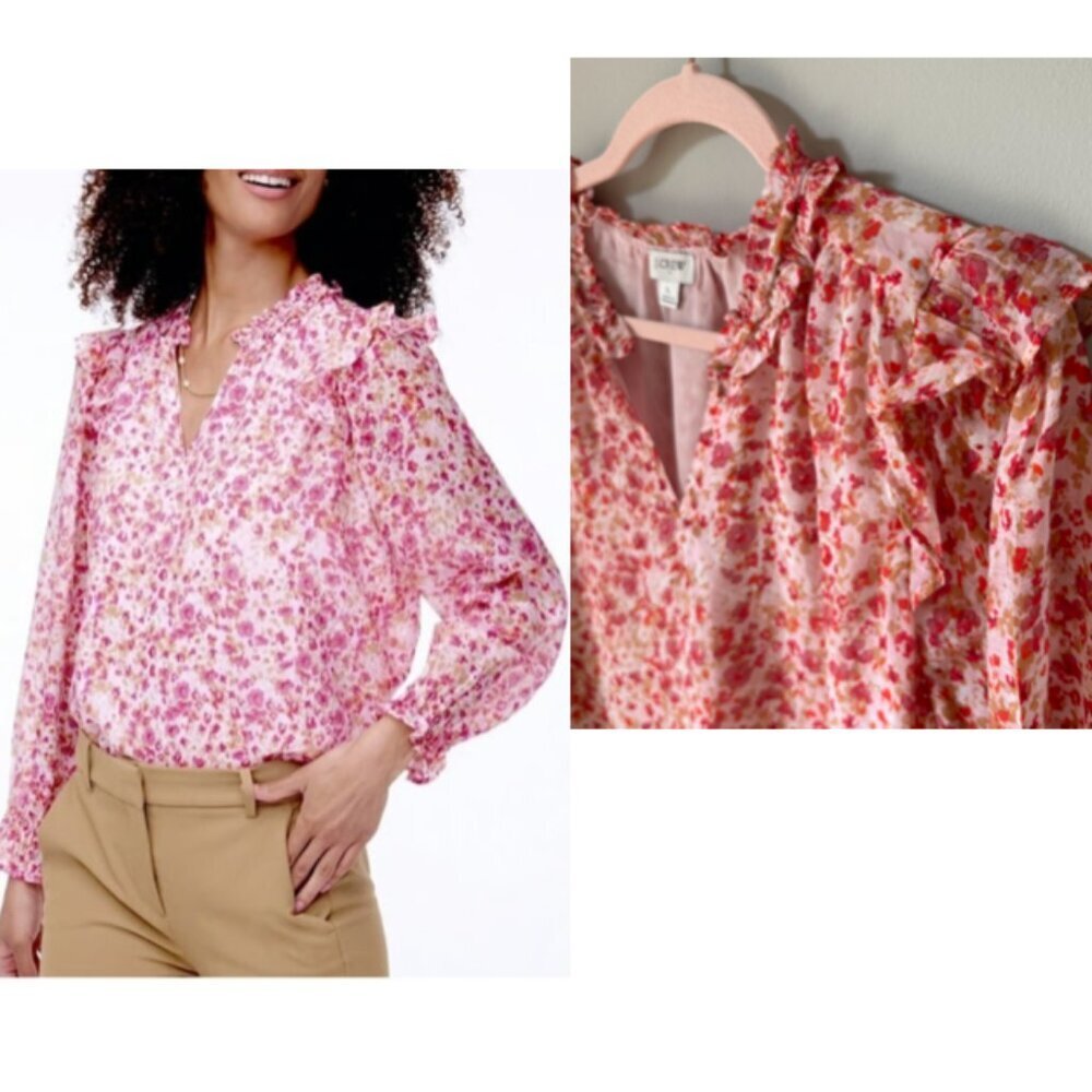 JCrew boho pink red floral long sleeve blouse L spring color burst